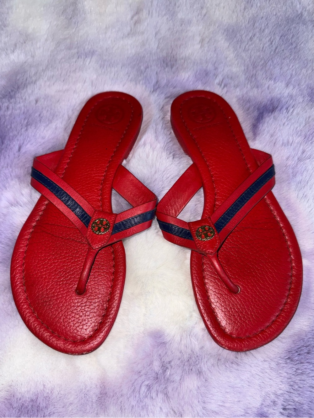 Tory Burch Women’s 6.5 Thora Red Blue Gold Leather Striped Flip Flop Sandals